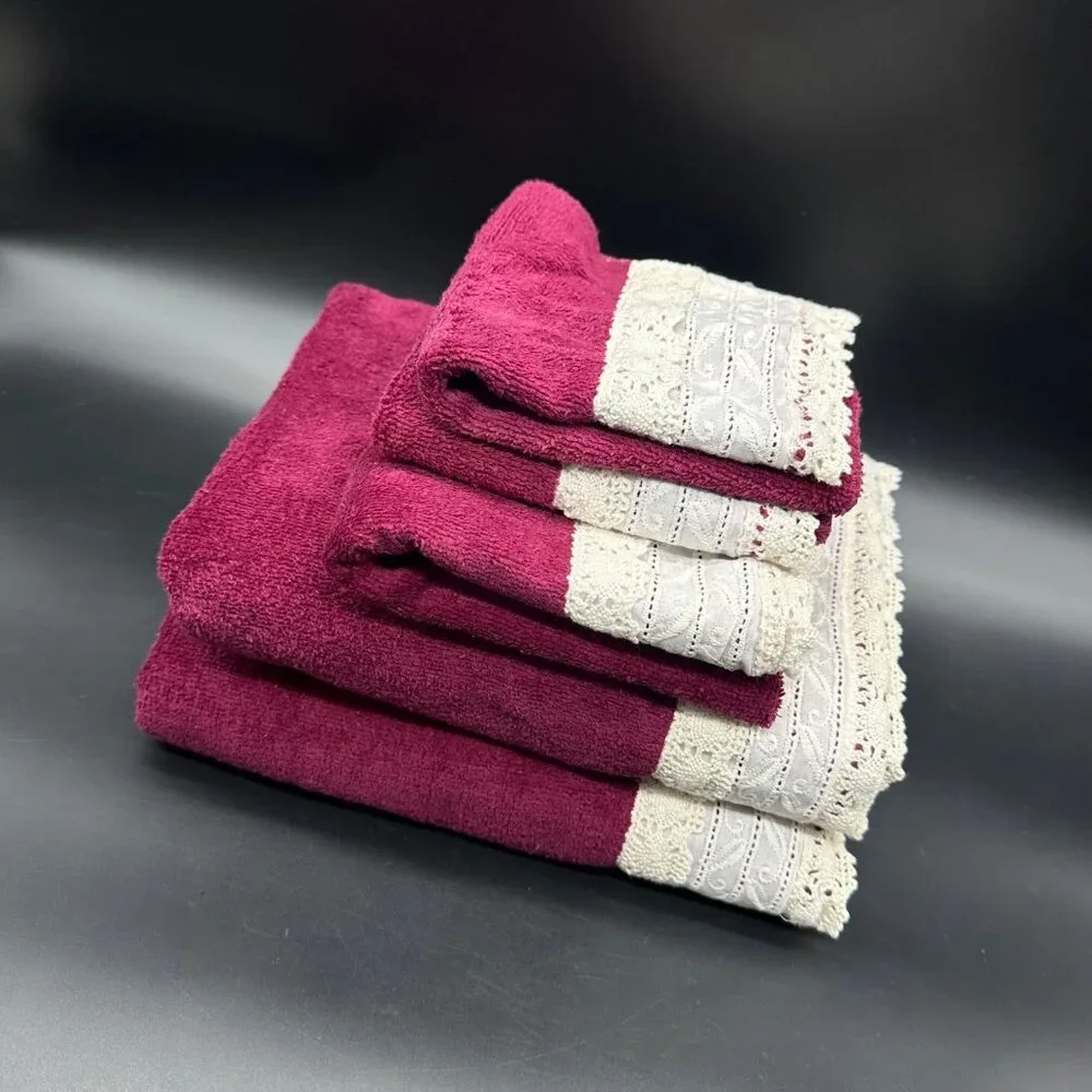 Vintage Towel Set 1990s Burgundy Lace Trim Bath Towels Hand Towel Washcloths